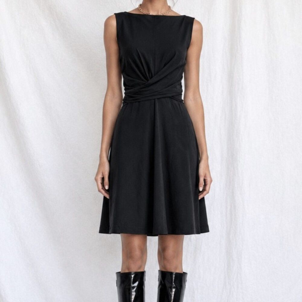 Vintage Y2K 90s Black Sleeveless Pleated Knee Length A-Line Knit Dress Size M